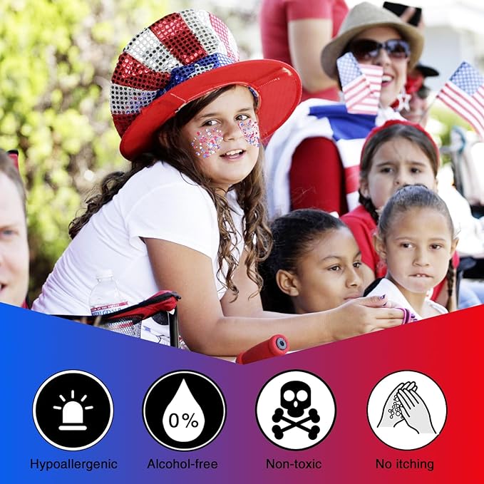 Red White Blue USA Patriotic Face Glitter,4th of July Accessories Hair Glitter for Kids,Blue Body Glitter Face Paint,Fourth of July Outfits for Women,Festival Party Celebrations Makeup