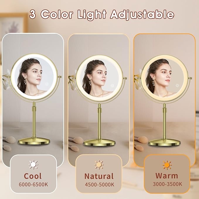 MILPROX 8 Inch Makeup Mirror with 10X Magnification & 3 Color Lights, Adjustable Brightness & Height, Rechargeable Double Sided 1X 10X Magnifying Mirror, Lighted Makeup Mirror Touch Sensor - Gold