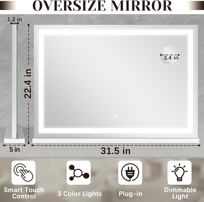 31" x 22" Large Lighted Vanity Mirror with Lights, Dimmable 3 Modes, LED Makeup Mirror for Bathroom ＆ Dressing Room, Tabletop or Wall-Mounted, 10X Magnification, White