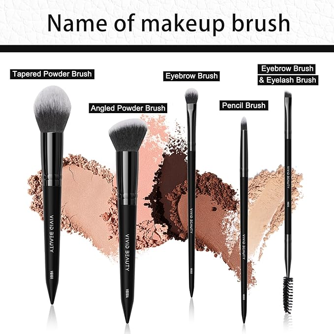 5pcs Basic Makeup Brushes- Portable Face and Eye Set for Powder, Blush, Bronzer, Eyeshadow, and Eyebrow - Travel Friendly Brush Kit -Perfect for Daily Make up and On the Go Touch-Ups (Black)