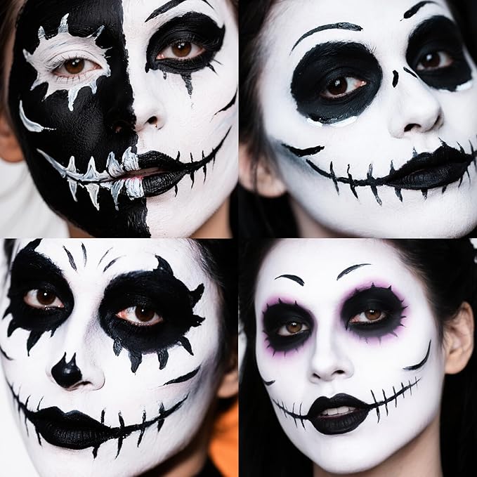 Black & White Face Body Paint Kit for Kids & Adults, Non-Toxic Water-Based Professional Face Painting Palette with Brushes for Halloween Clown Goth Vampire SFX Makeup, Art Stage Cosplay Parties