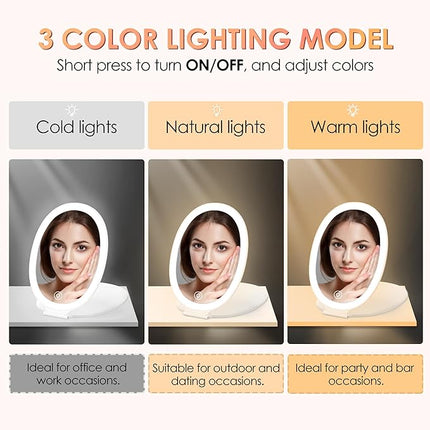Travel Makeup Mirror with Light: 3 Color Lighting Portable Mirror with Touch Screen Rechargeable Adjustable LED Lights Hexagon Vanity Mirror for Travel, Desk, Home (Round White)