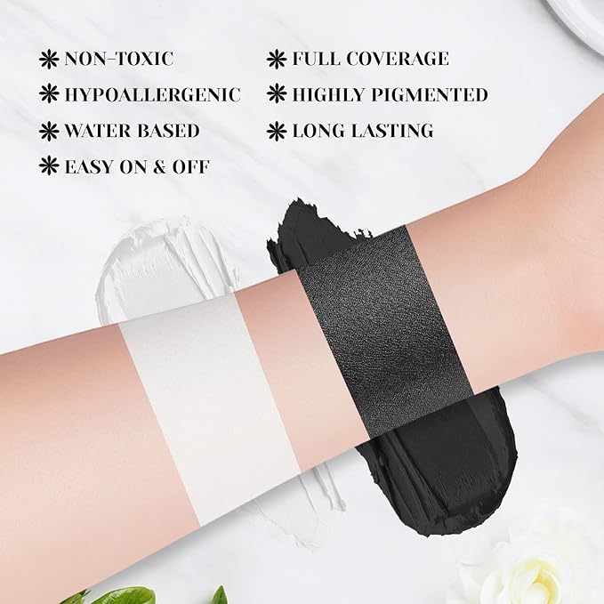 White Black Face Body Paint Stick Set with Translucent Setting Powder and Sponges, Professional Full Coverage Face Painting for Adults Halloween Cosplay SFX Skull Zombie Skeleton Goth Makeup