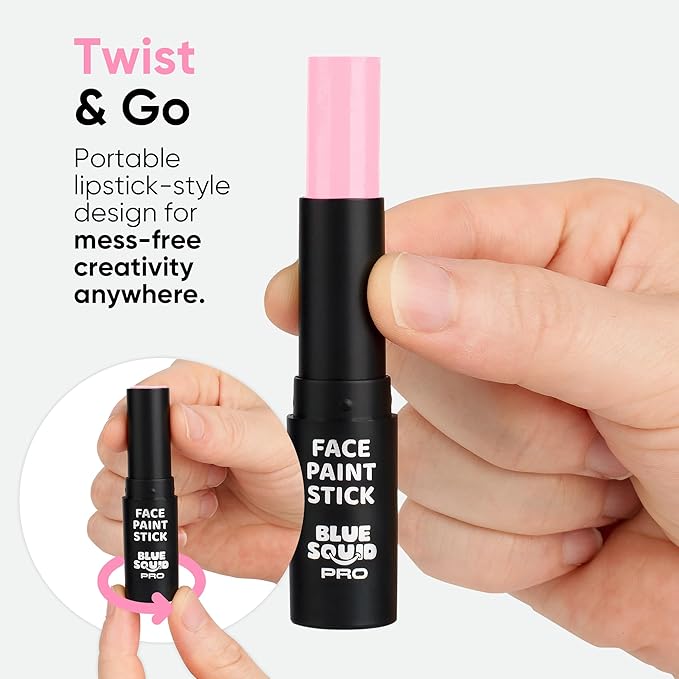 Blue Squid PRO Pastel Pink Face Paint Stick - Waterproof Body Paint for Adults & Kids Pink Eye Black Baseball, Eyeblack Softball -Hypoallergenic TwistUp NonToxic Makeup Stick for Cosplay, Sports & SFX