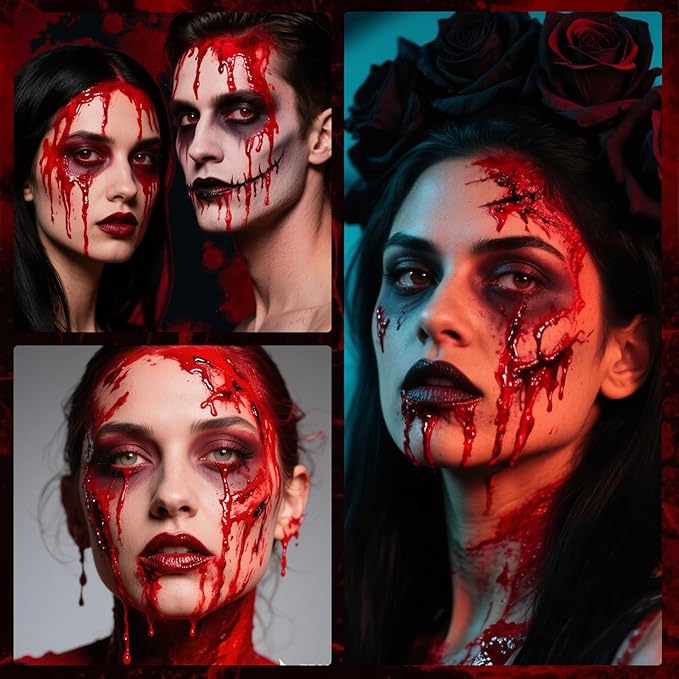 MEICOLY 5PCS Halloween Fake Blood Makeup Kit,Special Effects SFX Makeup for Zombie Vampire Monster Cosplay,2.1oz Fake Blood Spray+2.1oz Dripping Blood+Coagulated Blood+Cleansing Soap+Stipple Sponge