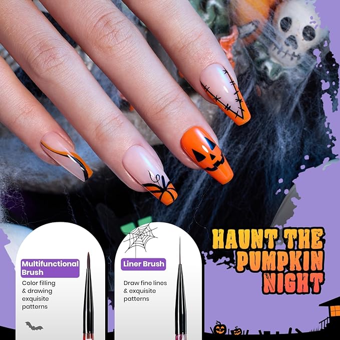 Beetles Halloween Nail Art Brushes, Blood Entwined Nail Art Pens 6pcs with Pumpkin Palette Holder Halloween Charms Manicure Design Dotting Tools Draw Liner Gradient French Brushes DIY Nails Supplies