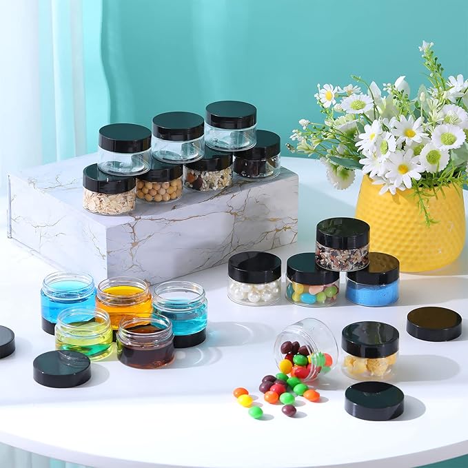 Aoriher 150 Pcs Plastic Container Jars with Lids Round Cosmetic Jars Empty Plastic Container for Lotion, Cream, Ointments, Makeup, Eye Shadow, Rhinestone, Samples, Pot, Travel Storage(1 oz,Black)