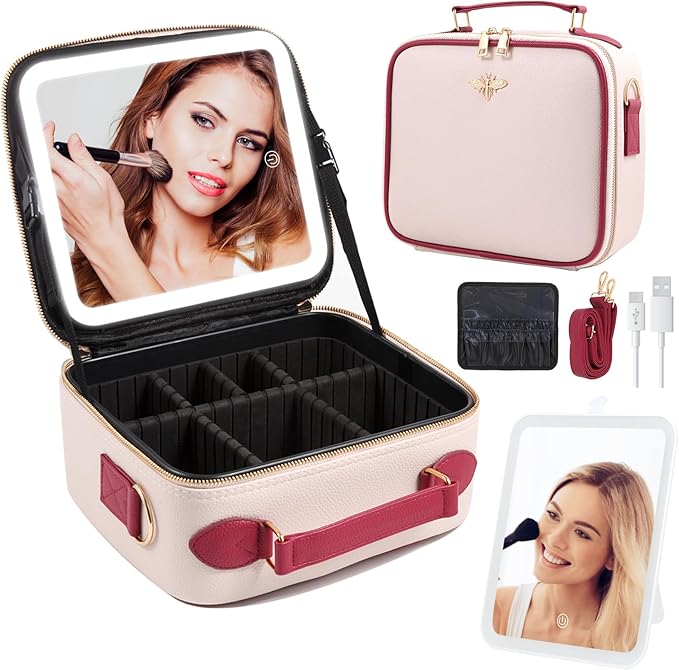 Travel Makeup Bag with Mirror of LED Lighted, Rechargeable Cosmetic Train Case Artist Makeup Organizer for Women with Adjustable Dividers, Makeup Brushes Holder and Strap (White)