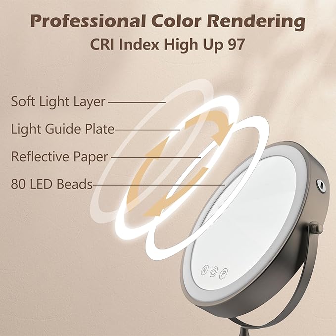 9" Large Lighted Makeup Mirror, 1X/10X Magnifying Mirror with Light, 3 Colors Brightness Adjustable, Rechargeable Double Sided Vanity Mirror with 80 LED Lights Grey