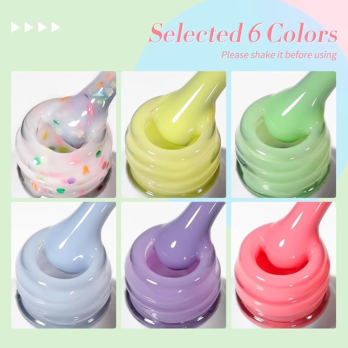 Born Pretty Jelly Pastel Gel Nail Polish 6 Colors Spring Summer Yellow Green Blue Purple Pink Candy Sweet Colors Apex Building Effect Gel Polish Kit Nail Art Gel Manicure Kit DIY at Home Salon Gifts