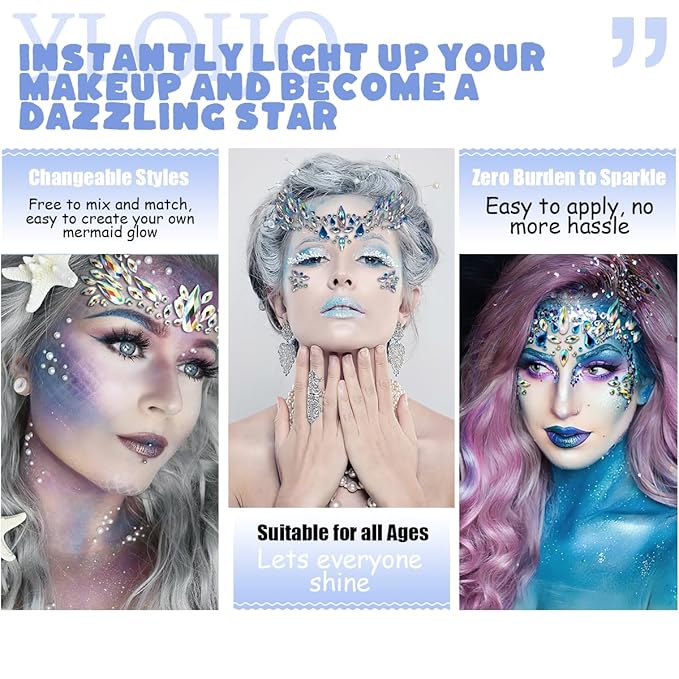 Mermaid Face Gems Stickers Rhinestone Colorful Glitter Gems Temporary Face Tattoo Stickers for Women Girl Halloween Cosplay Christmas Music Carnival Party Makeup (2 Pack)