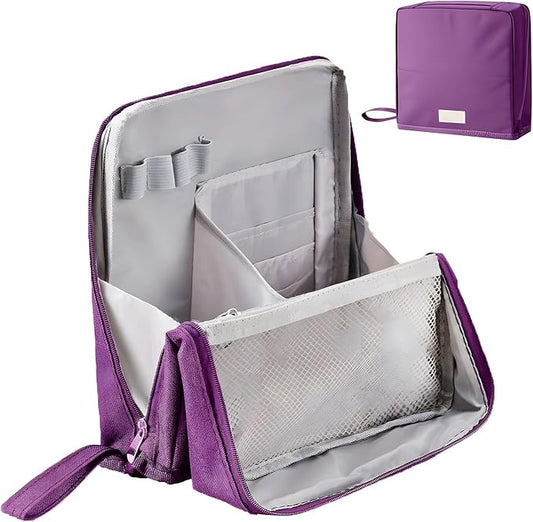Makeup Bag,Standing Makeup Bag – Portable,Large Capacity Multi-purpose Large Capacity Oxford Cloth Standing Makeupbag Portable, Aterproof,Compartments and Handle (Purple)