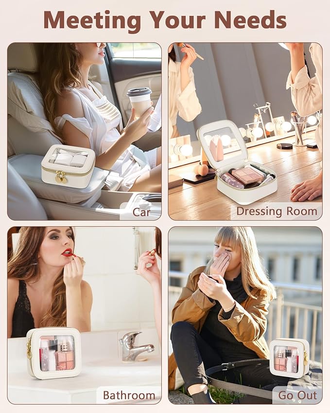 Mini Makeup Bag, Small Makeup Bag for Purse, Waterproof Clear Makeup bag, Leather Cosmetic Bag, Square Make Up Bag Pouch, Toiletry Bag for Travel, Car and Women, Beige