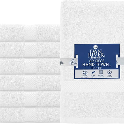 DAN RIVER 6-Pack Premium Hand Towels (16x28 Inches) - 100% Cotton, Ultra Soft, Lightweight, Highly Absorbent Towels for Bathroom, Spa, Gym, Salon, Hotel, and Travel - White