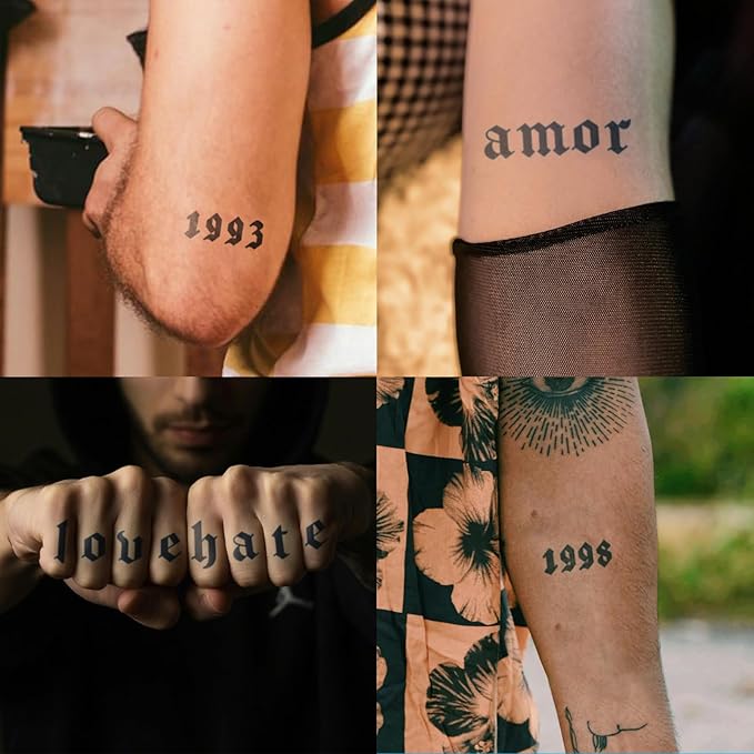 Gothic Alphabet & Number Temporary Tattoos – Customizable Fake Letters & Dates for Hand, Neck, Knuckles & Arm, Realistic & Long-Lasting Black Ink