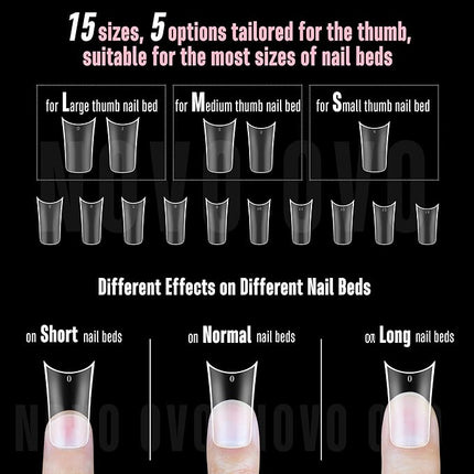 NOVO OVO Halloween Extra Thick Duck Feet Nail Tips Full Cover with Moon Curve for Press on Acrylic, Medim Long Clear Pre-Etched Matte Flare Wide French Soft Gel False Nail Extension x 15 Sizes 240 pcs