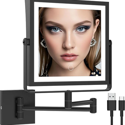 Ruacq Rechargeable Wall Mounted Makeup Mirror with Lights, Double Sided 1X/10X Magnifying Vanity Mirror with 3 Color Lighting, Touch Screen Dimmable, 360° Rotation Extension Foldable Arm(Matte Black)