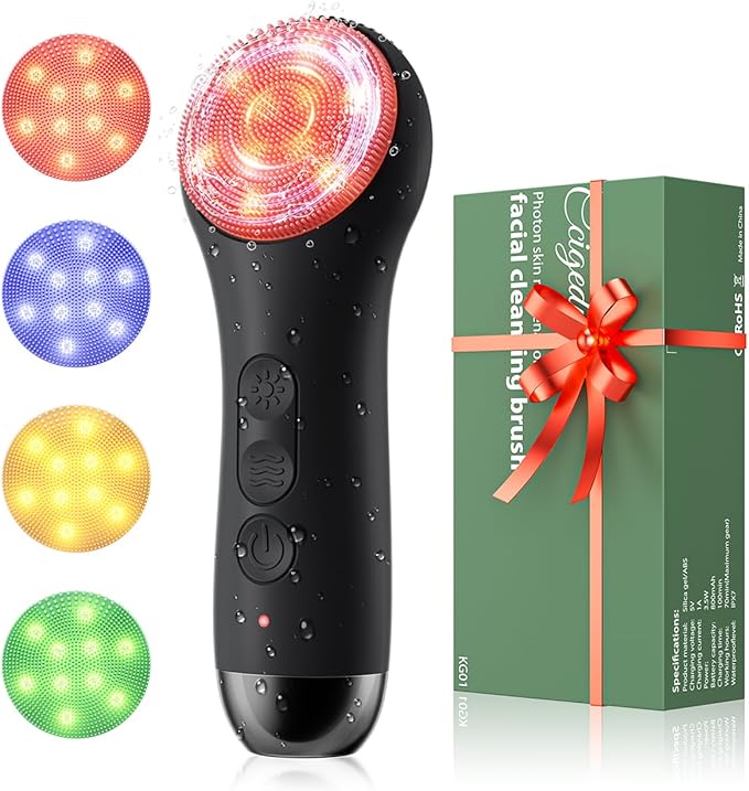 Facial Cleansing Brush Face Scrubber - Rechargeable Electric Face Cleansing Brush with 4 LED Gentle Light Liquid Silicone Modes Exfoliator,IPX7 Waterproof Ideal Gift for Men and Women-Black
