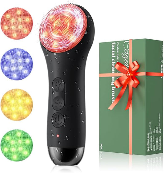 Facial Cleansing Brush Face Scrubber - Rechargeable Electric Face Cleansing Brush with 4 LED Gentle Light Liquid Silicone Modes Exfoliator,IPX7 Waterproof Ideal Gift for Men and Women-Black