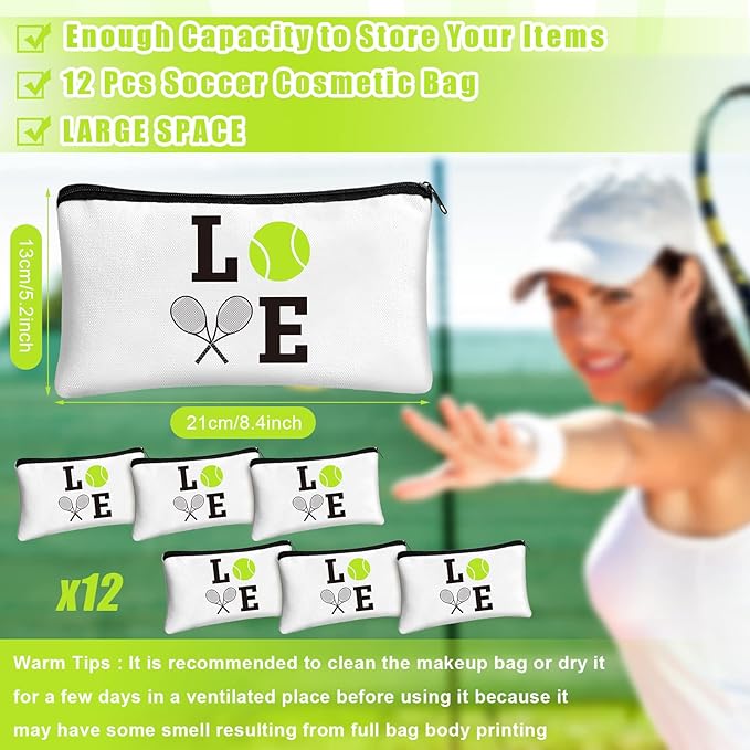Moukeren 12 Pieces Tennis Makeup Bag Cosmetic Bag Travel Portable Storage Toiletry Case Accessories with Zippers Tennis Gifts for Lovers Players Teams Women Girls(White)