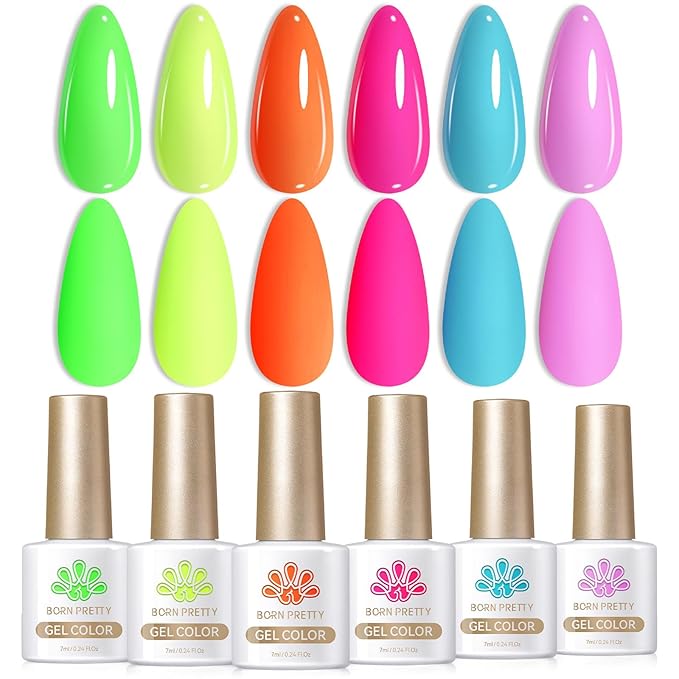 Born Pretty Gel Nail Polish Halloween Neon Fluorescent Orange Hot Pink Blue Yellow Green Purple Soak Off U V LED Gel Nail Polish Set Nails Art 7ml 6pcs