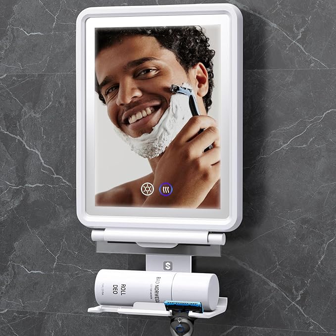 Heated Shower Mirror Fogless for Shaving, 3 Colors Stepless Dimmable Lights Fogless Mirror for Shower, Rechargeable Anti Fog Shaving Mirror with Razor Holder for Men, Light Memory Function, White