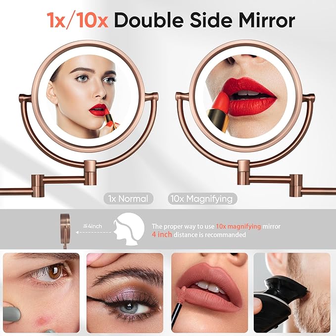 GURUN Wall Mounted Hardwired Makeup Mirror with 3 Tones Dimmable LED Lights 10x Magnifying Mirror with Touch Control for Bathroom Bedroom 13" Extendable Arm M1809DB-9x10MR-T(10x,Matte Rose Gold)