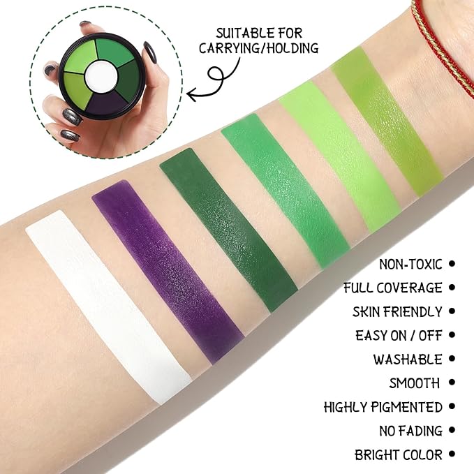 BOBISUKA Green Face & Body Paint – 6 Colors Cream Washable Face Paint for Witch Beetle-Juice Frankenstein Goblin Hunting Camo Costume & Theme – Easy to Blend, High Pigment & Long Lasting