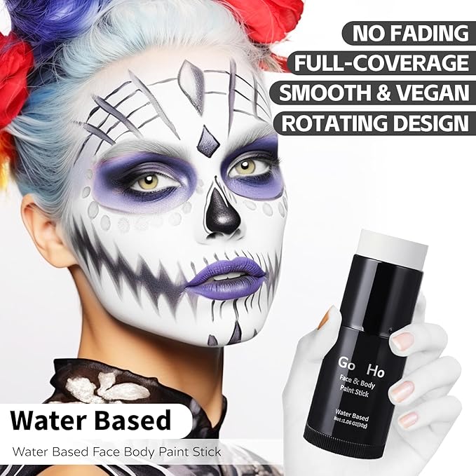 Go Ho White Face Paint,Washable Formula Face Paint Stick,Non-toxic Full-coverage Cream to Powder White Face Body Paint for Halloween Cosplay Zombie Skeleton Clown Goth Makeup