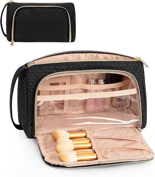 Makeup Bag, Small Cosmetic Bag with Makeup Brush Comparment, 2 in 1 Cute Make Up Organizer Pouch for Women Girls, Portable Travel Toiletry Bag