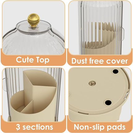 Makeup Brush Holder with Lid 360 Rotating Clear Dustproof Make Up Organizers for Vanity Bathroom Countertop, White Beige
