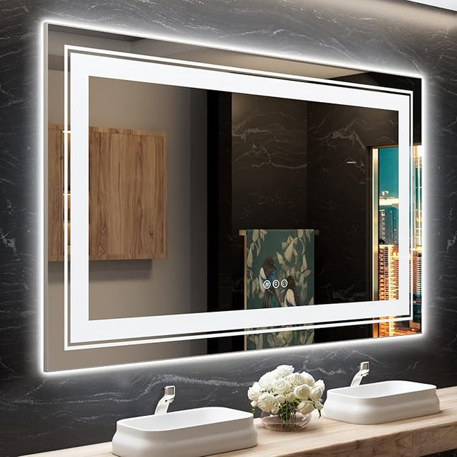 LED Bathroom Mirror, 60"X36" with Front and Backlit, Anti-Fog, Large Bathroom Vanity Mirror for Wall, Memory Function, Stepless Dimmable, Tempered Glass (Horizontal/Vertical)