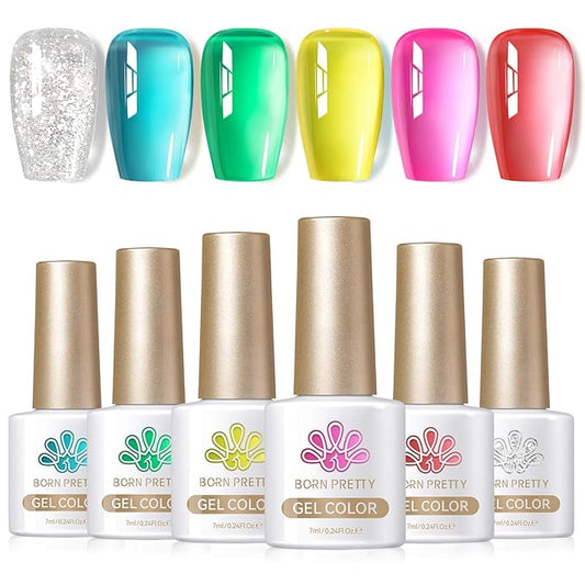 Born Pretty Jelly Gel Nail Polish Set Spring Summer Crystal Glass Translucent Pastel Sheer Gel Polish Pink Green Blue Red Yellow Silver Shiny Glitter Gel Nail Polish Nail Art Gel DIY Gift 6PCS