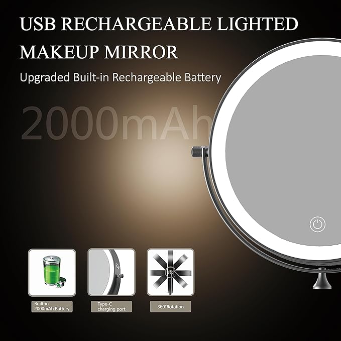 Rechargeable Wall Mounted Lighted Makeup Vanity Mirror 8 Inch Double Sided 1X 10X Magnifying Bathroom Mirror, 3 Color Lighting, Touch Screen Dimming, 360 Rotation Shaving Mirror