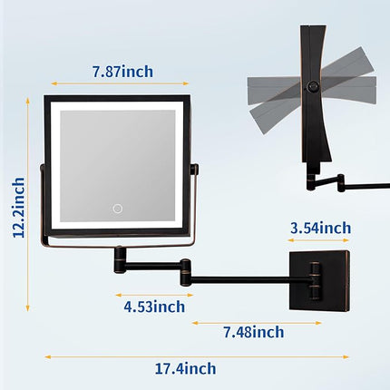 Ruacq Rechargeable Wall Mounted Makeup Mirror with Lights, Double Sided 1X/10X Magnifying Vanity Mirror with 3 Color Lights, Touch Screen Dimmable, 360° Rotation Foldable Arm (Oil Rubbed Bronze)