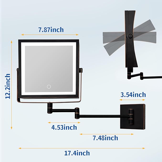 Ruacq Rechargeable Wall Mounted Makeup Mirror with Lights, Double Sided 1X/10X Magnifying Vanity Mirror with 3 Color Lights, Touch Screen Dimmable, 360° Rotation Foldable Arm (Oil Rubbed Bronze)
