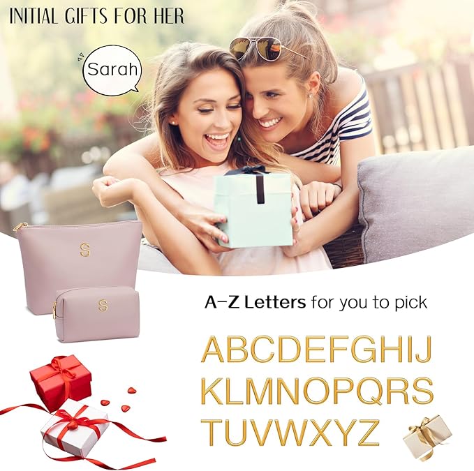 Women Gifts | Initial Makeup Bag Set for Girl Personalized Gifts for Bridesmaid Friend Graduation Teachers PU Leather Cosmetic Travel Toiletry Bag(Pink,C)