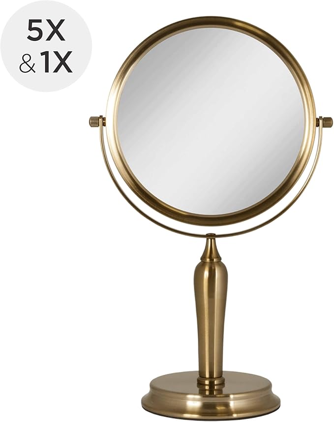 Zadro Anaheim 8.75” Round Non-Lighted Makeup Mirror 5X 1X Magnifying Makeup Mirrors Rotating Head Makeup Mirror for Desk