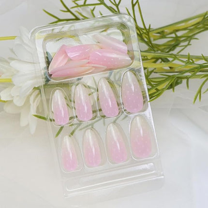 Press on Nails Almond Medium Light Yellow Pink Gradient Fake Nails with Dots Designs Glossy Nails Press ons Acrylic Nail Cute Winter Stick on Nail for Women 24 Pcs