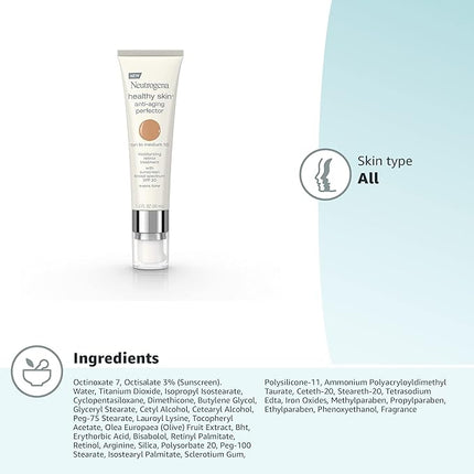 Neutrogena Healthy Skin Anti-Aging Perfector Tinted Facial Moisturizer and Retinol Treatment with Broad Spectrum SPF 20 Sunscreen with Titanium Dioxide, 50 Tan to Medium, 1 fl. oz (Pack of 2)