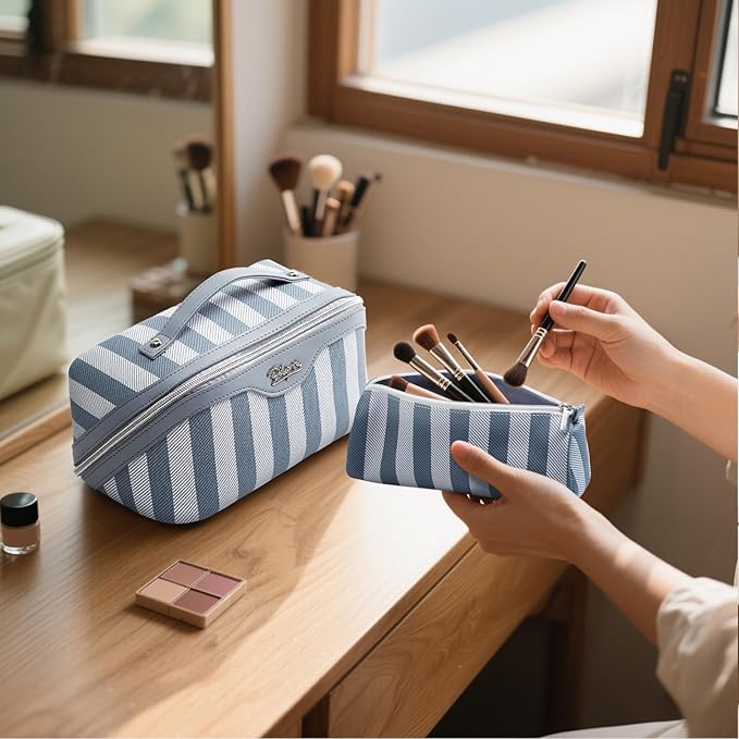 BOYATU Travel Makeup Bag for Women: Large Cosmetic Bag Set of 3 - PU Leather Make up Bag with Compartments - Compact Waterproof Toiletry Bag with Divider & Handle (A-02Blue)