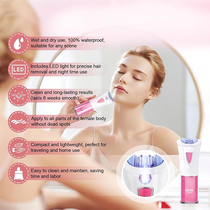 Glabrouse Skin Epilator, 2025 New Glabrouse Skin Hair Remover for Face with LED Light - Glamorous Skin Epilator for Women, Face/Arm/Bikini Area/Legs/Underarm Hair Removal