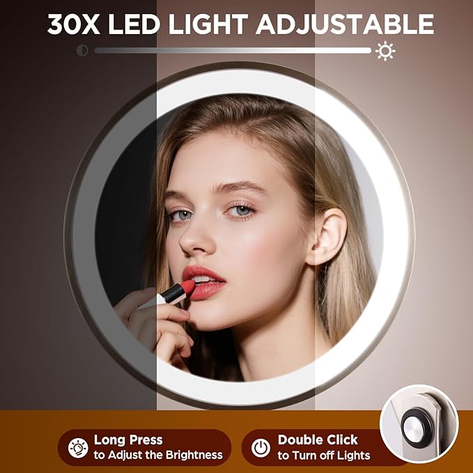 Makeup Mirror with Lighted, 30x Magnifying Mirror with 3 Lights Colors, Vanity Mirror Brushed Nickel - 360° Rotation, Brightness Adjustable Magnification, Modern Style Side Touch + Side Charge