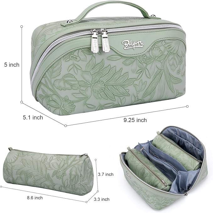 BOYATU Travel Makeup Bags Cosmetic Organizer Bag: 3-Set Large Capacity Make up Bag - PU Leather Toiletry Bags for Women - Wide Open Portable Pouch with Divider & Handle (02-Light Green)