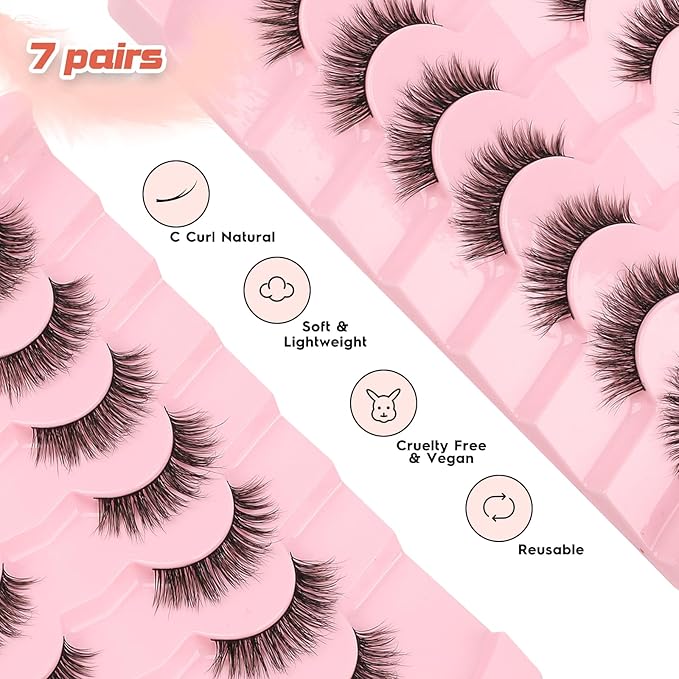 Lashes False Eyelashes 13MM Wispy Lashes Pack Fluffy Lash Strip EyeLashes with Thin Band C Curl Natural Lashes Fake Eyelash 7 Pair Siligli
