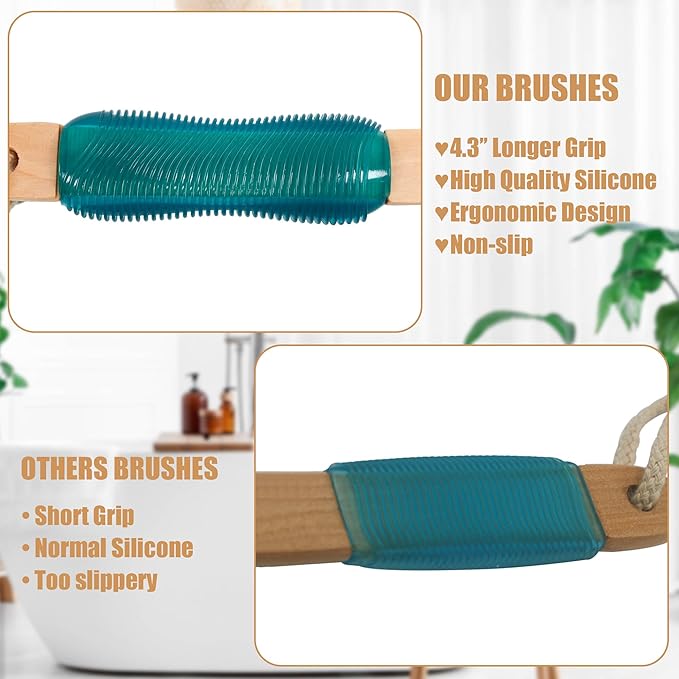 OWIIZI Back Scrubber for Shower,Stiff Boar Bristles Wooden Curved Long Handle Antiskid Body Bath Brush for Back Use Wet or Dry,Deep Cleanse Large Surface Back Scrub Brush