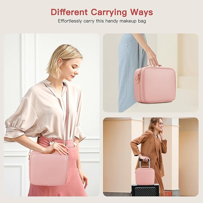 Travel Makeup Bag with LED Mirror, Cosmetic Bags for Women with Light up Mirror, Travel Essentials Makeup Organizer, Makeup Case with Adjustable Dividers and Brush Holder, 3 Color Lights