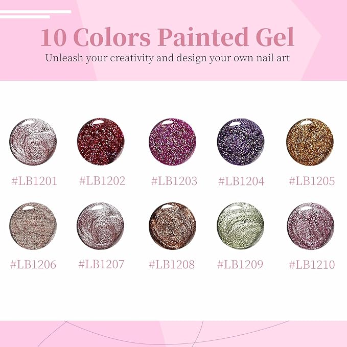 JODSONE Nail Art Gel Liner Set 10 Colors Glitter Purple Gold Green Gel Nail polish Need U V Lamp Cured with Thin Brush at Home Salon Design