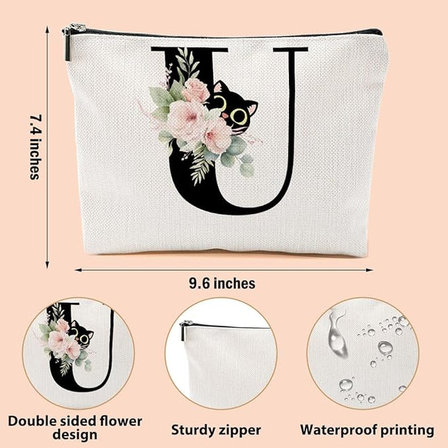 Floral Cat Initial Makeup Bag, Personalized Skin Care Bag, Travel Organizer Toiletry Bags for Women Mom Friends, Cosmetic Bags Makeup Pouch with Zipper, Letter U