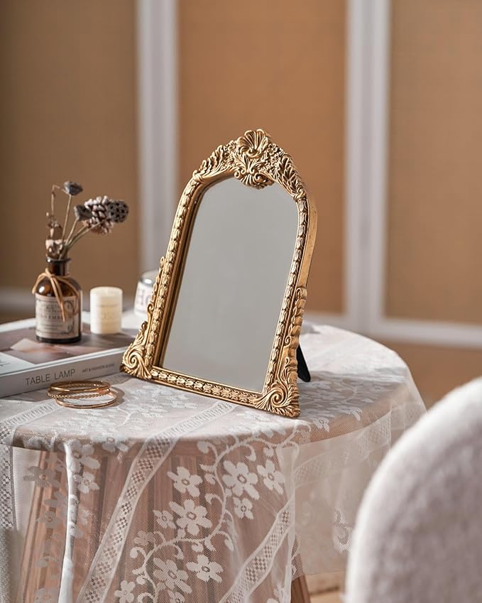 Small Gold Vintage Mirror, Antique Arched Tabletop Makeup Mirror, Hand-Carved Frame, 11" x 11.2" for Bedroom, Living Room, Vanity